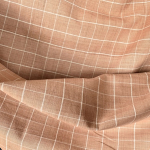 Pale terracotta salmon color fabric, woven grid square pattern in white, handwoven, medium weight organic dye, Thail craft, by yard PHA351