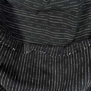 Crepe crinkled black cotton fabric, with white stripes and dashes, rustic hand feel, ripple texture, Thailand woven craft by yard PHA276