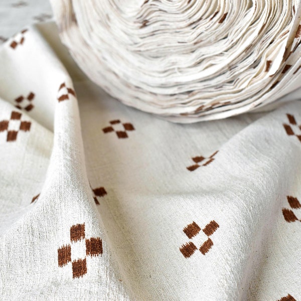 Textured Woven Cotton Fabric, Beige & Copper Check, Soft Thai Craft