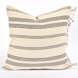 Tribal ethnic striped pillow, Hmong tribal 21 in. square cushion, handwoven cotton, neutral off-white, cream, black natural organic dye VV50