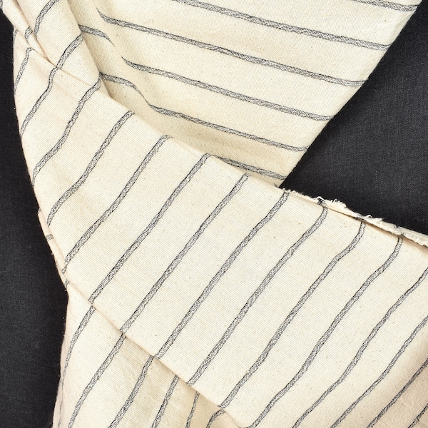 Unbleached cotton stripe fabric, sturdy strong off-white, cream color, horizontal woven black stripes, Thailand craft, fabric by yard PHA1