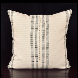Decor ethnic striped pillow, Hmong tribal 20 inch square cushion, handwoven cotton, neutral off-white, gray, natural organic dye OO62