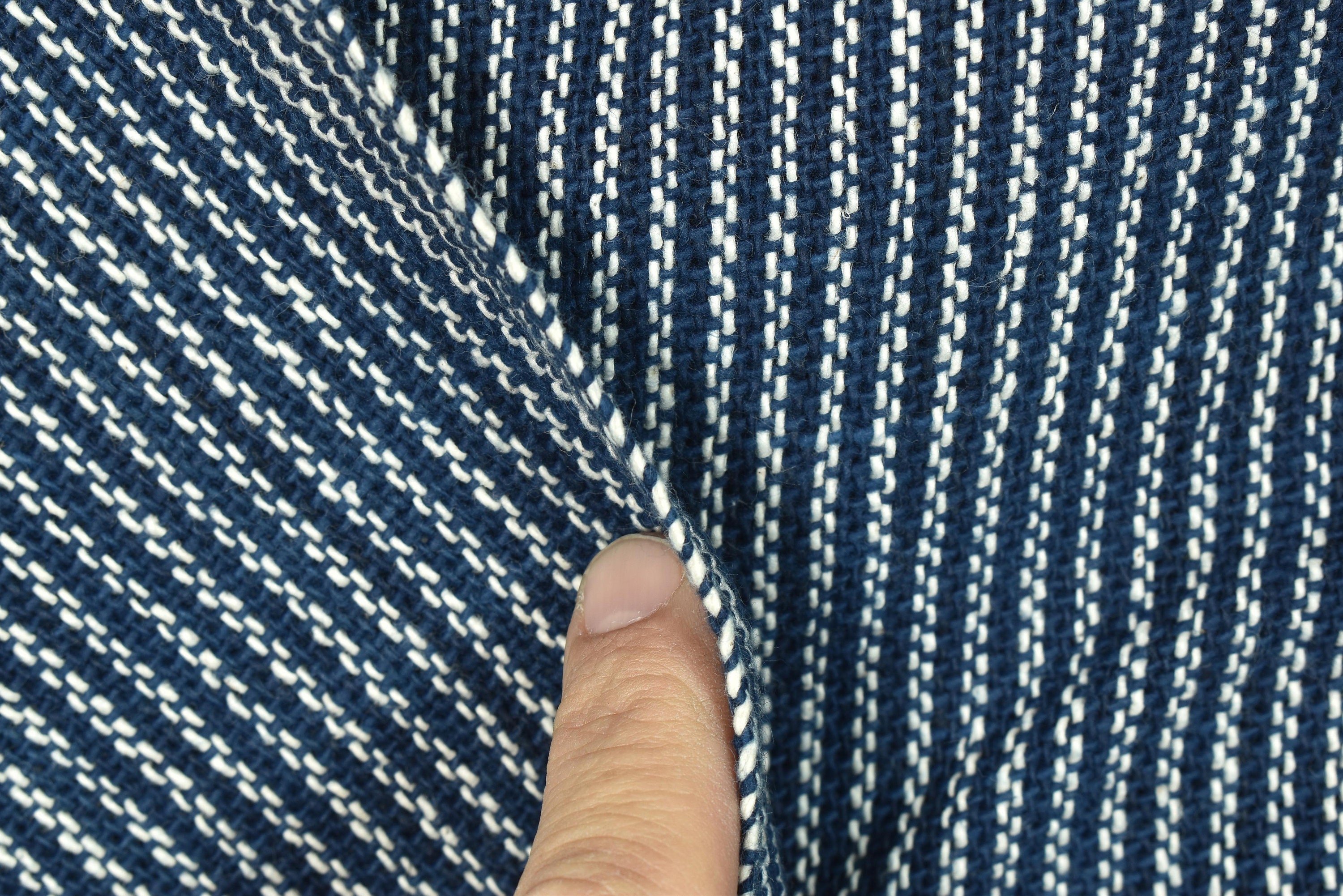 Handwoven Indigo Blue Zigzag Stripe Cotton Fabric, Rustic Thai
