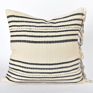 Tribal ethnic striped pillow, Hmong tribal 21 inch square cushion, handwoven cotton, neutral warm off-white, gray natural organic dye VV82
