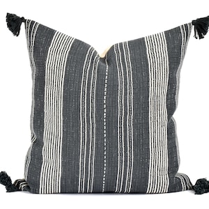 Tribal ethnic striped pillow, Hmong tribal 22 inch square cushion, handwoven cotton, neutral gray, off-white, natural organic dye VV43