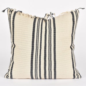 White black striped pillow, Hmong tribal 22 inch square cushion, handwoven cotton, neutral gray cream natural organic dye KK74