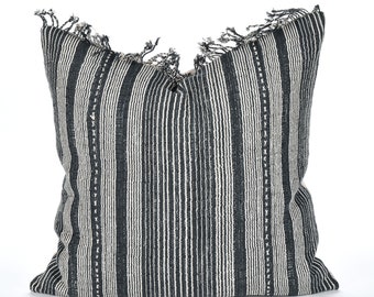 Funda de almohada de algodón tejida a mano, cojín a rayas negras y blanquecinas, 53 cm x 53 cm.
