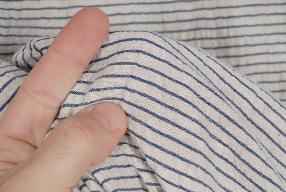 Blue Stripe Thai Woven Fabric, Hemp Cotton Linen Mix Cloth By The Yard