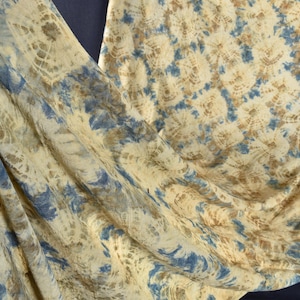 Riveting blue, orange, gold Shibori tie dye textile, lightweight handmade cotton cloth, gorgeous muslin unique fabric, star pattern EC1