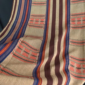 Tan blue red brown black tribal home decor ethnic Naga blanket geometric handwoven cotton throw boho Thailand Burma India blanket PM585