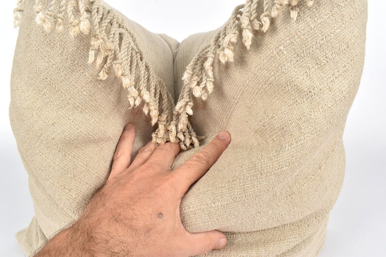Hmong tribal 21 inch square cushion neutral unbleached beige natural organic KK69 Tribal ethnic solid pillow handwoven hemp