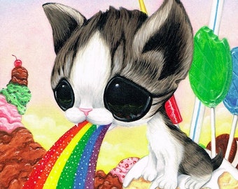 Rainbow Art Print Puking Cat In Candyland