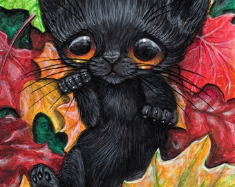 Schwarze Katze Blätter im Herbst Kunstdruck
