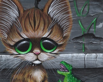 Getigerte Katze T Rex Dinosaurier Original Zucker betrieben Acrylgemälde