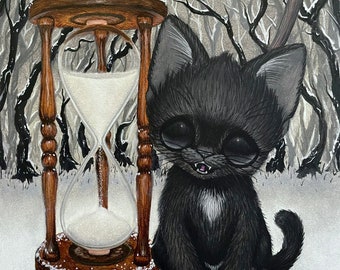 Black Cat Art Print Hourglass Death