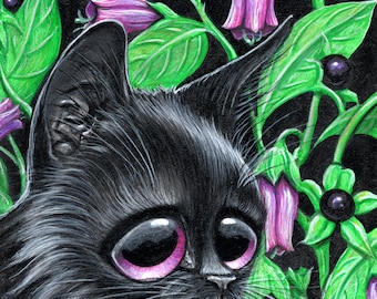 Schwarze Katze Belladonna Deadly Nightshade Original Zucker-Fueled Acryl-Gemälde