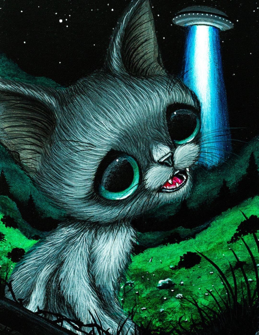 Gray Alien UFO Cat Original Sugar Fueled Acrylic Painting - Etsy