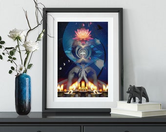 Peace - 8.5 x 11" Collage art print, moon goddess, yoga, lotus flower, and meditation wall art