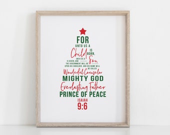 PRINTABLE - Isaiah 9:6 - For Unto Us a Child is Born - Red/Green Tree - Christmas Print