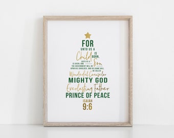 PRINTABLE - Isaiah 9:6 - For Unto Us a Child is Born - Green/Gold Tree - Christmas Print