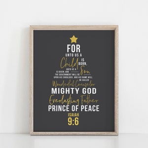 PRINTABLE Isaiah 9:6 For Unto Us a Child is Born Black/Gold Tree Christmas Print image 1