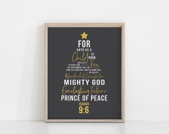 PRINTABLE - Isaiah 9:6 - For Unto Us a Child is Born - Black/Gold Tree - Christmas Print