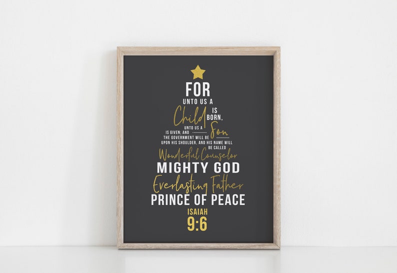 PRINTABLE Isaiah 9:6 For Unto Us a Child is Born Black/Gold Tree Christmas Print image 1