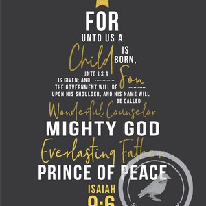 PRINTABLE Isaiah 9:6 For Unto Us a Child is Born Black/Gold Tree Christmas Print image 2