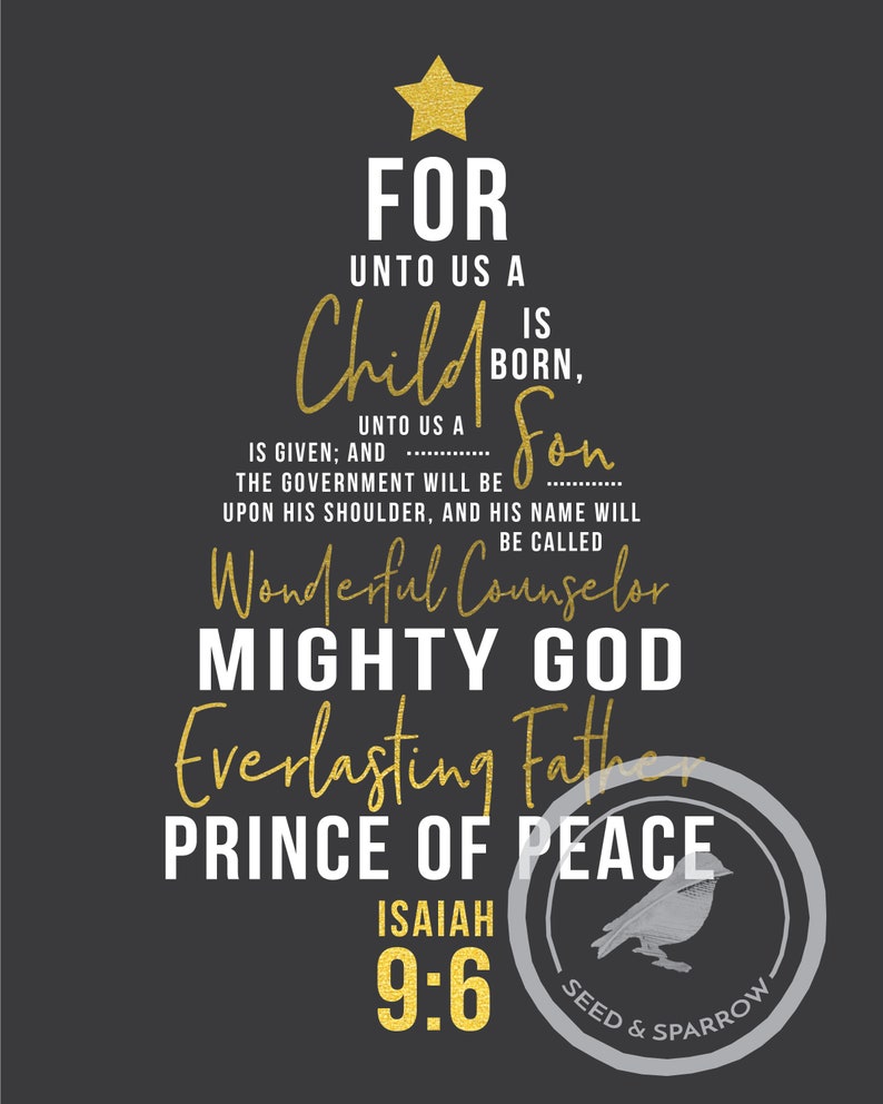 PRINTABLE Isaiah 9:6 For Unto Us a Child is Born Black/Gold Tree Christmas Print image 2