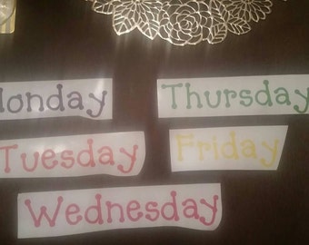 Small Days of the week letters for organizational bins, Monday through Friday,  multiple fonts, custom