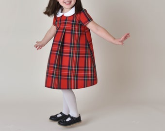 Lucy Girls Plaid Dress Size 2T, 3T, Child size 4, size 5, 6, 7, 8, 9, 10 Plaid girls dress, peter pan collar, Christmas red dress