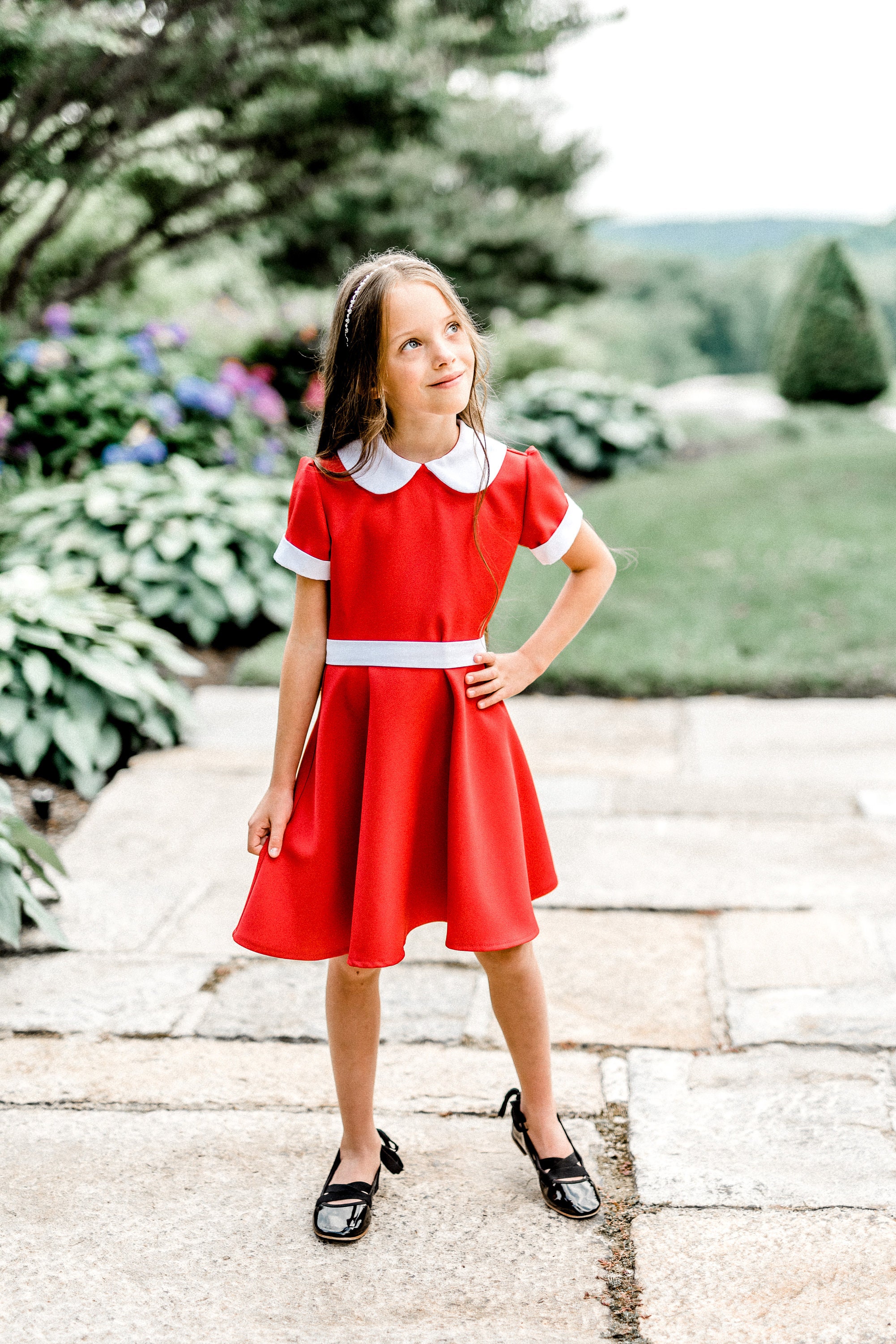 BesserBay Girls Peter Pan Collar Short Sleeve Red Midi Dress 4-12 Years 