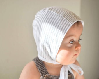 Striped linen baby bonnet
