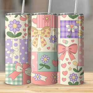 Cute Pastel Patchwork Bows Flowers Hearts Tumbler, Vintage Groovy Cottagecore Aesthetic, Polka Dot Gingham Design, Girly Drinkware