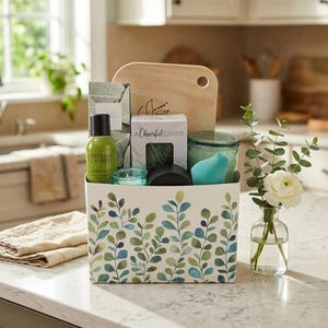 May include: A white metal bin decorated with green and blue leaf patterns contains a wooden cutting board, a green candle labeled A Cheerful Giver, a small teal glass candle, a box labeled A Cheerful Giver, and a light blue sponge.