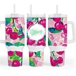 Preppy Cherries 40oz Tumbler with Handle and Straw Colorful Cherries Tumbler Unique Drinkware Gift for Her Can Be Personalized