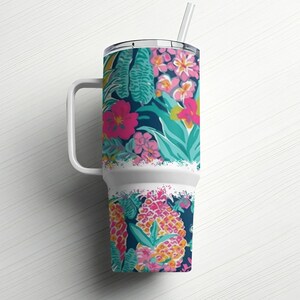 Tropical Pineapple Floral 40oz Tumbler with Handle and Straw Bright Pineapple Tumbler Unique Drinkware Gift for Her Can Be Personalized