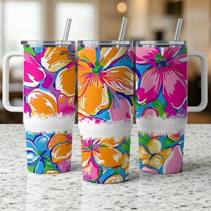 Tropical Floral 40oz Tumbler with Handle and Straw Bright Flower Tumbler Unique Drinkware Gift for Her Can Be Personalized