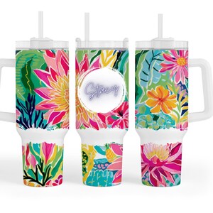 Bright Tropical Floral 40oz Tumbler with Handle and Straw Tropical Flower Design Tumbler Unique Drinkware Gift for Her Can Be Personalized
