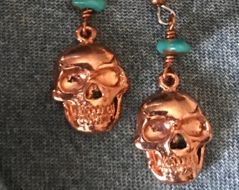 Copper  Skull Earrings with Turquoise Bead