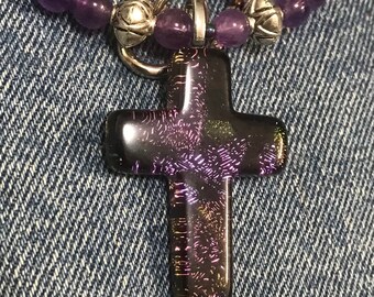 Dichroic Glass Cross and Amethyst Necklace