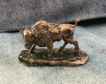 Solid Bronze Walking Buffalo Statue - Miniature