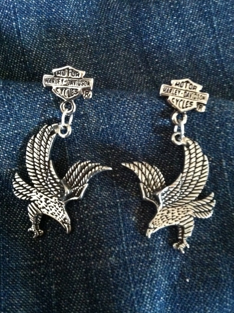 Silver Harley Davidson Shield and Eagle Earrings image 1