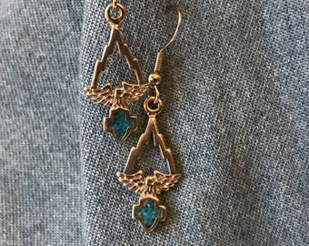 Silver HD Winged Eagle, Lightning, w Turquoise Shield Earrings