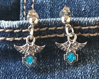 Silver Harley Davidson Eagle Holding Turquoise Shield Post Earrings