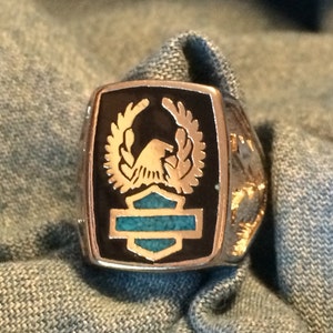 Silver HD Biker Eagle & Turquoise Shield Men's Ring