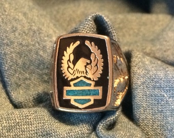 Silver HD Biker Eagle & Turquoise Shield Men's Ring