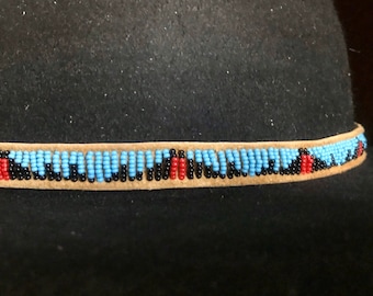 Beaded Hatband - Turquoise and Black, w Red