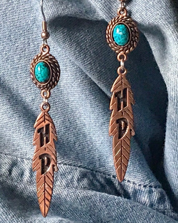 Copper  Harley Davidson Feather w/ Turquoise Ston… - image 1