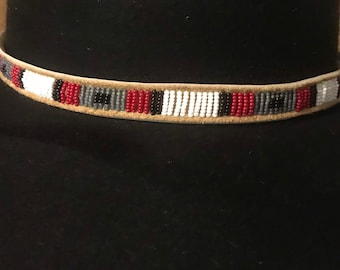 Beaded Hatband - Black, White, Pearl Gray w Red